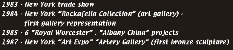 1983 - New York trade show
            1984 - New York “Rockafella Collection” (art gallery) -
                      first gallery representation
            1985 - 6 “Royal Worcester” . “Albany China” projects
            1987 - New York “Art Expo” “Artery Gallery” (first bronze sculpture)